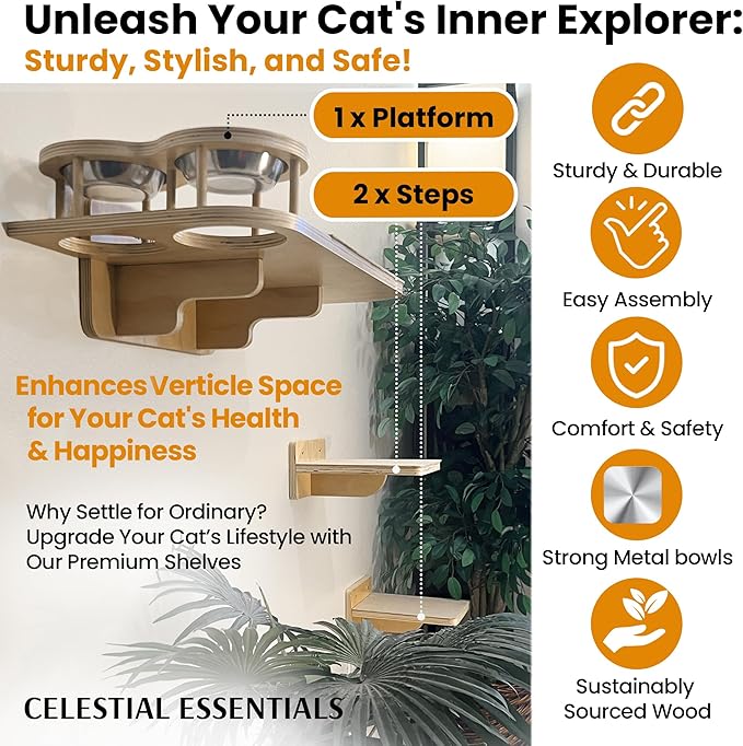 This all-in-One Cat Wall Shelves with Raised Feeding Bowls