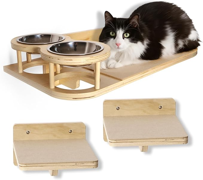 This all-in-One Cat Wall Shelves with Raised Feeding Bowls